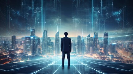 Business man on future network city, copy space, generative ai