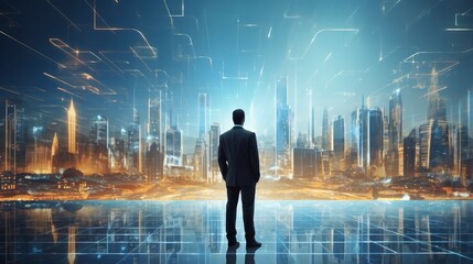 Business man on future network city, copy space, generative ai