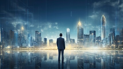 Business man on future network city, copy space, generative ai