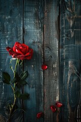 Poster - Red rose on wooden table