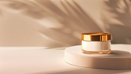Aufkleber - A gold lid cream jar sits on a white platform, with soft lighting and shadows creating a minimalistic aesthetic.