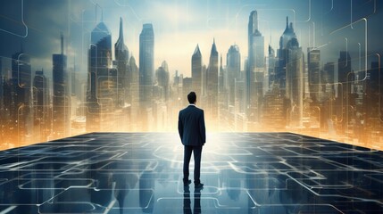 Business man on future network city, copy space, generative ai