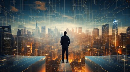 Business man on future network city, copy space, generative ai