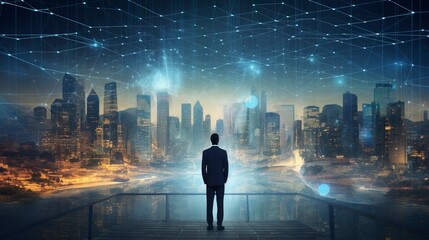 Business man on future network city, copy space, generative ai