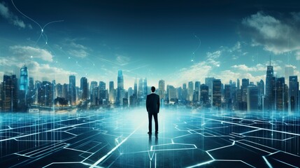 Business man on future network city, copy space, generative ai