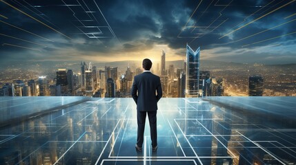 Business man on future network city, copy space, generative ai