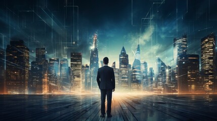 Business man on future network city, copy space, generative ai