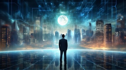Business man on future network city, copy space, generative ai