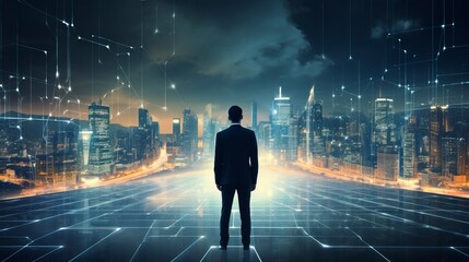 Business man on future network city, copy space, generative ai