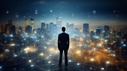 Business man on future network city, copy space, generative ai