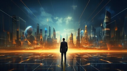 Business man on future network city, copy space, generative ai