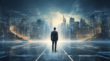 Business man on future network city, copy space, generative ai