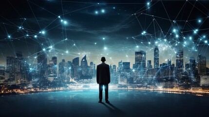 Business man on future network city, copy space, generative ai