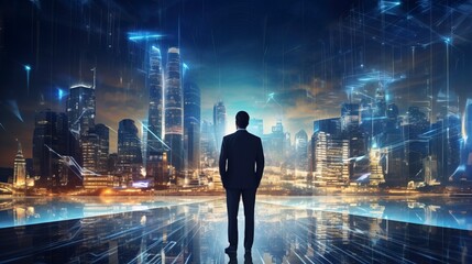 Business man on future network city, copy space, generative ai