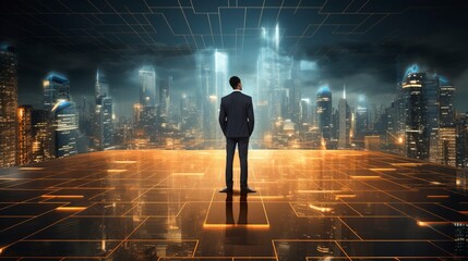Business man on future network city, copy space, generative ai