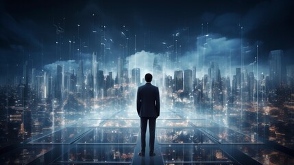 Business man on future network city, copy space, generative ai