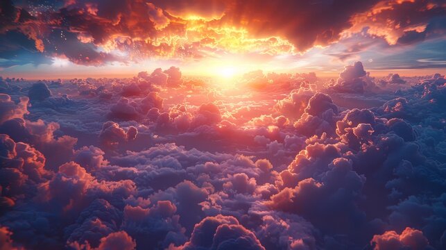 A breathtaking view of a vast cloudscape illuminated by a dramatic sunset, creating a surreal and majestic atmosphere