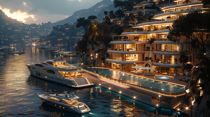 Dazzling nighttime view of a lavish marina, with sleek waterfront homes, luxury yachts, and glowing nightlife in the background-1