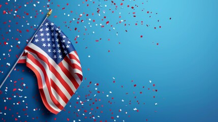 Independence Day themed composition with an American flag and celebratory confetti