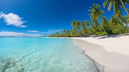 Wall Mural - A tranquil beach with turquoise waters, white sand, and swaying palm trees 