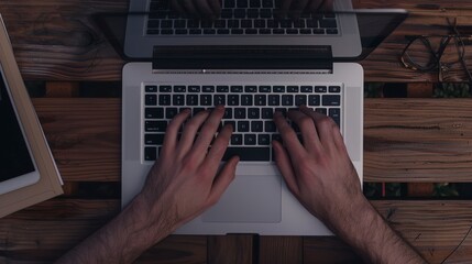 Poster - Hands typing on a laptop configured for remote work, close-up, detailed view of the workspace setup