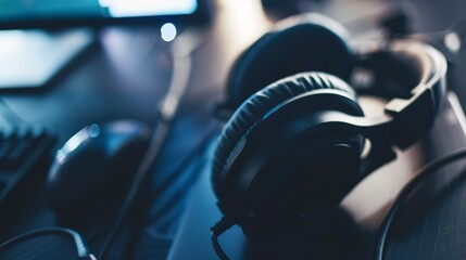 Poster - Close-up on noise-cancelling headphones at a remote work desk, essential tools for focused work, detailed texture. 