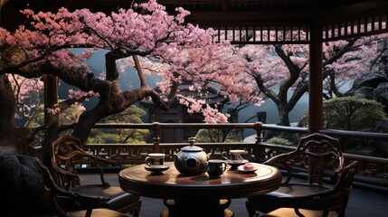 Wall Mural - A tranquil scene of a traditional Chinese tea house, with intricately carved wooden furniture, tea sets, and blooming cherry blossoms outside.  