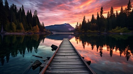Wall Mural - A tranquil sunset at a mountain lake, with pine trees surrounding the water, the sky's colors mirrored perfectly on the lake's surface, and a small wooden dock extending into the water. 
