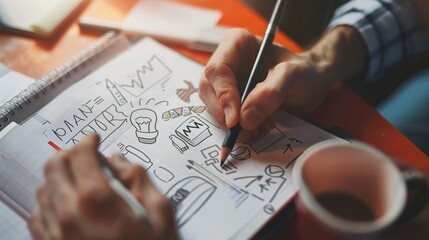 Poster - Entrepreneur sketching business models on a notepad, close-up, creative process, coffee cup in frame. 