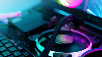 Poster - Close-up of a gaming laptopâ€™s cooling system at work, fans spinning, maintaining optimal performance. 