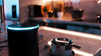 Poster - Smart speaker on a kitchen counter responding to voice command, close-up, interactive LED lights active.