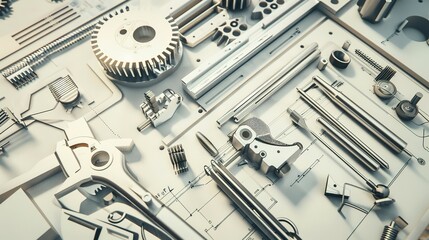 Poster - Engineer's desk with hardware components and tools, close-up, detailed and organized for gadget assembly. 
