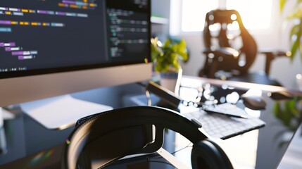 Poster - Innovative tech workspace with a VR headset on the desk, close-up, next-gen development tools at rest. 