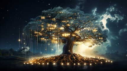 A tree with digital code running along its trunk and branches, symbolizing success in technology and innovation  