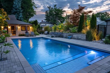 serene blue fiberglass swimming pool in lush backyard at dusk tranquil summer evening scene lifestyle photo