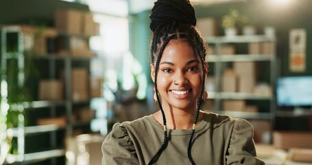 Canvas Print - Happy, businesswoman and logistics manager in shipping warehouse with boxes for supply chain. Smile, female person and startup in portrait with packages for distribution and delivery for ecommerce