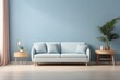 © free - Interior home of living room with blue sofa and green plants on pastel blue wall copy space, plywood floor