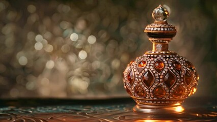 Aufkleber - A close-up of a decorative, ornately jeweled perfume bottle sitting on a table.