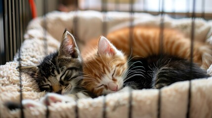 Wall Mural - Baby cats napping in a shared bed in a playpen