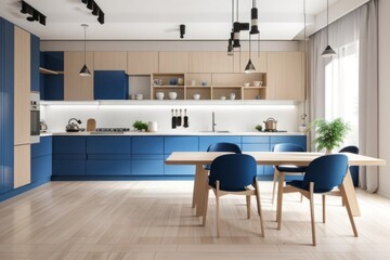 Interior home of kitchen with blue furniture on white wall, hardwood floor