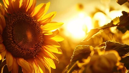 Wall Mural - Close-up of sunflower in field at sunset with warm golden light