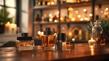 Poster - Four perfume bottles are arranged on a wooden table with a warm, inviting ambiance. The bottles are lit by soft candlelight and are displayed against a blurred background of a shelf with more bottles