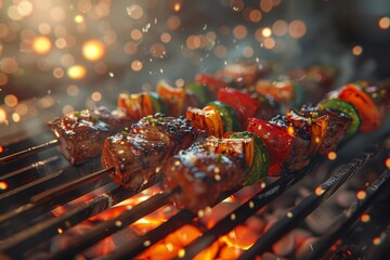 succulent meat and colorful vegetable skewers sizzling on a hot grill created using generative ai for a mouthwatering realistic appearance 3d food illustration