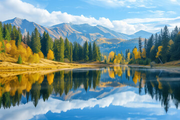 Poster - Beautiful autumn landscape, mountain lake, coniferous forest, mirror reflection. Russia, Kardyvach. High quality photo


