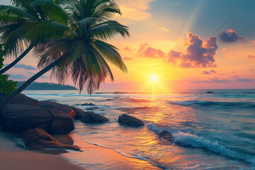 Wall Mural - Beautiful colorful sunset over sea and boulders seen under the palms on Sri Lanka


