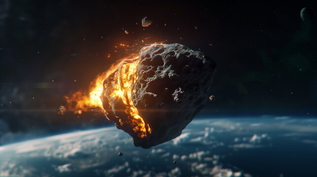 A burning meteorite flies several kilometers above the ground. A large asteroid is falling from the sky, followed by a trail of fire