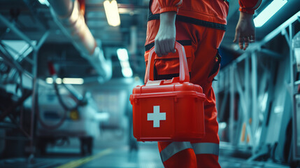 A man in an orange jumpsuit holds a red first aid kit in his hands. The action takes place in an industrial building