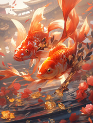 Wall Mural - A gorgeous summer festival where goldfish dance magically.