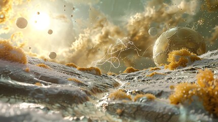 An artistic rendering of an alien planet's surface, with unique molecular formations and atomic structures visible in the environment.