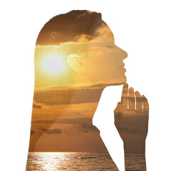 Wall Mural - Beautiful woman and seascape at sunset on white background, double exposure